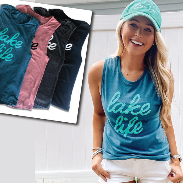 Ladies’ Lake Life Script Muscle Tank - Lake Time Supply Co.