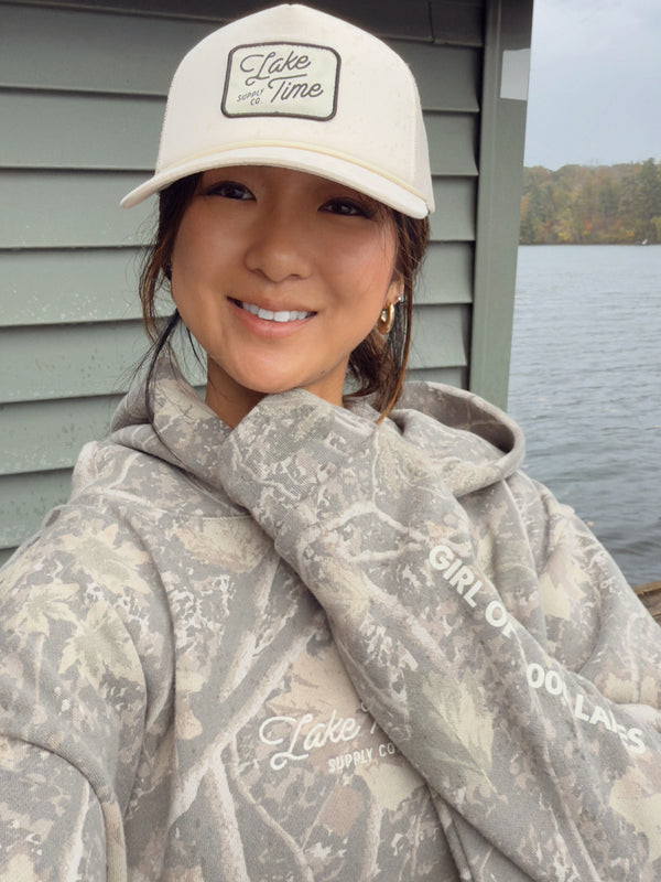 LIMITED EDITION COLLAB Lake Time Supply Co. X Girl of 10,000 Lakes - Cabin Camo Premium Hoodie