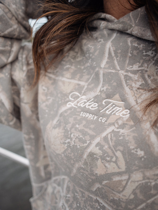 LIMITED EDITION COLLAB Lake Time Supply Co. X Girl of 10,000 Lakes - Cabin Camo Premium Hoodie