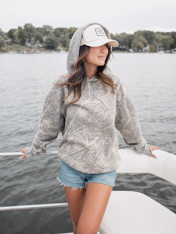 LIMITED EDITION COLLAB Lake Time Supply Co. X Girl of 10,000 Lakes - Cabin Camo Premium Hoodie