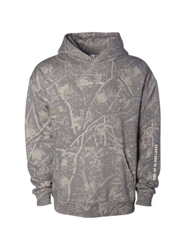 LIMITED EDITION COLLAB Lake Time Supply Co. X Girl of 10,000 Lakes - Cabin Camo Premium Hoodie