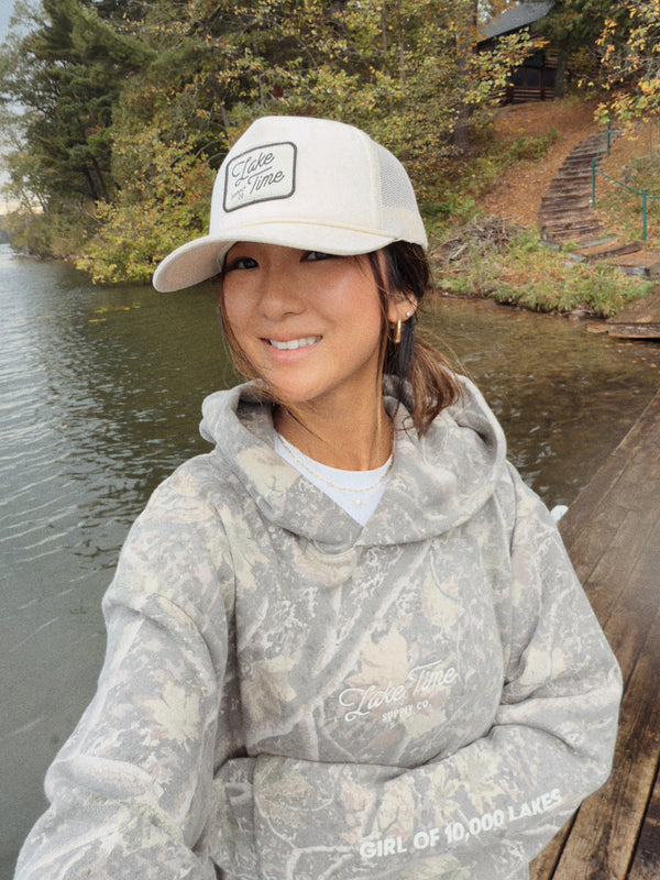 LIMITED EDITION COLLAB Lake Time Supply Co. X Girl of 10,000 Lakes - Cabin Camo Premium Hoodie