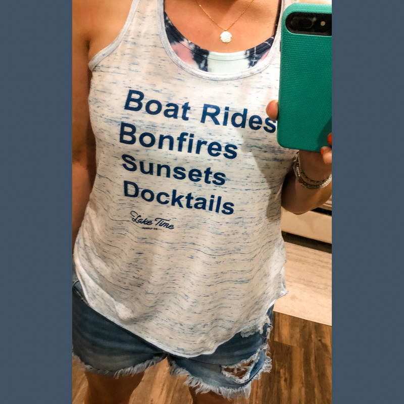 Boat Rides, Bonfires, Sunsets, Docktails - Ladies’ Flowy Racerback Tank - Lake Time Supply Co.